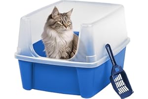 IRIS USA Large Cat Litter Box with Scatter Shield and Scoop, Open Top High Sided Cat Litter Pan, Blue
