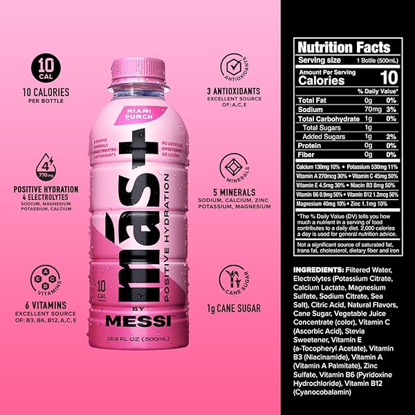 MÁS+ BY MESSI 16.9OZ MIAMI PUNCH, SPORTS DRINK & HYDRATION BEVERAGE, NATURAL FLAVORS WITH VITAMINS AND ELECTROLYTES, NO ARTIFICIAL SWEETENERS OR COLORS, 12-PACK