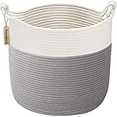 Goodpick Cotton Rope Storage Basket, 15 x 14.2 Inches Baby Laundry Baskets for Clothes, Toy Storage Blanket Basket With Handles for Living Room, Small Woven Baskets for Organizing Home Décor, Grey