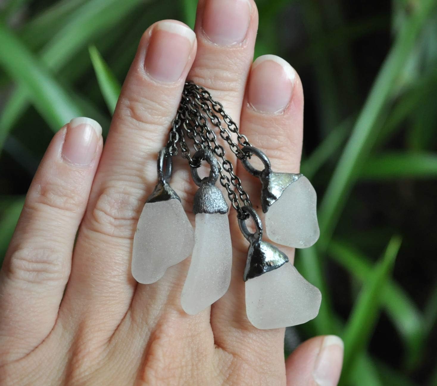 Handmade - Real Lake Michigan Sea Glass/Beach Glass Necklace with Copper - Mermaid - Witchy Small Clear Gunmetal