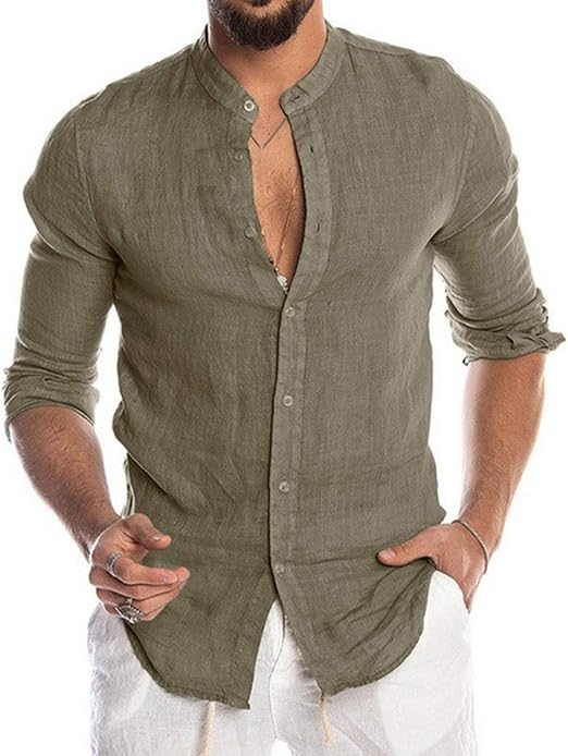 Mens Linen Henley Shirts Long Sleeve Summer Casual Button Down Casual