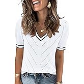 LOMON Womens Sweaters Puff Short Sleeve Lightweight Knit Summer Fall Tops Dressy V-Neck Work Blouses Business Casual Outfits