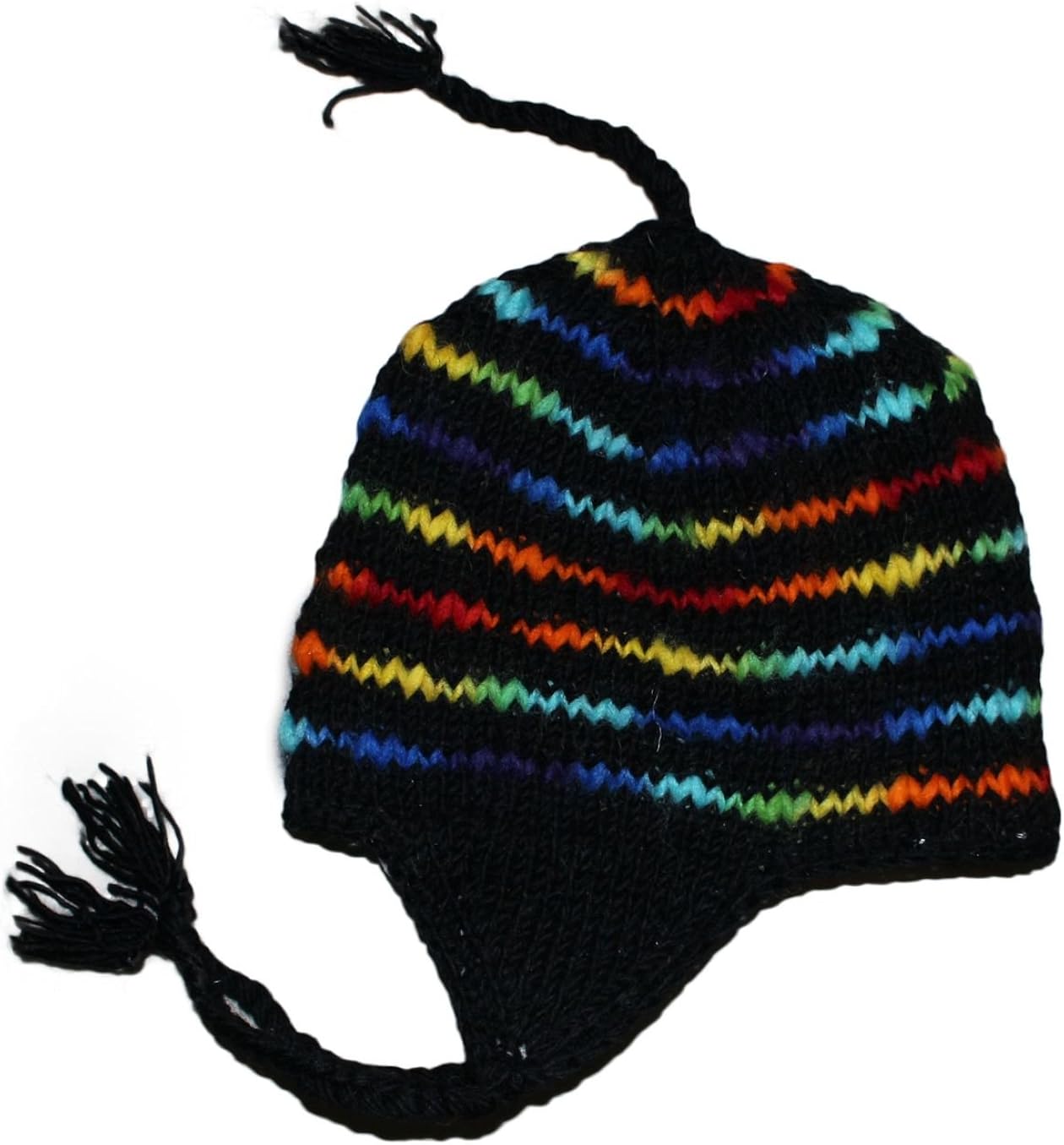Sherpa Designs Hand Knit Unisex Wool Beanie Hat Ear Flap Fleece Lined Nepal (Black Gray): Clothing