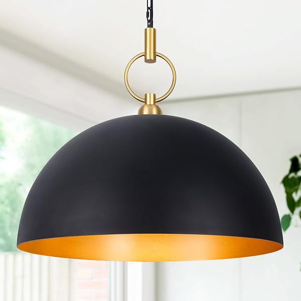 CORLACELING 23.6″ FARMHOUSE PENDANT LIGHTS FOR KITCHEN ISLAND, BLACK AND GOLD LARGE DOME PENDANT LIGHT FIXTURE INDUSTRIAL HANGING LAMP FOR DINING ROOM LIVING ROOM HALLWAY BAR BEDROOM