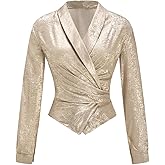 winkbay Women's Metallic Wrap Blouse Elegant Tie Back Collared Shiny Shirts Evening Party Tops