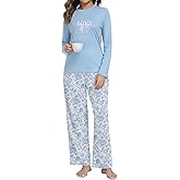 COSSEN Women's Pajamas Sets 2 Piece Sleepwear, Long Sleeve Bow Embroidered Top and Pants with Pocket Soft Lounge Pjs