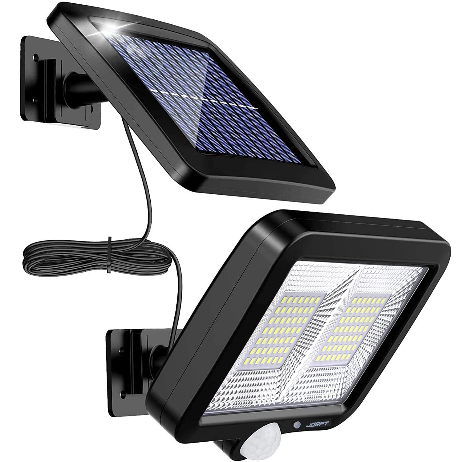 Jorft Solar Lights Outdoor, 98 LED Solar Powered Security Lihts, 3 Lighting Modes, Dimmable Motion Sensor Waterproof Wall Lamp with 16.5ft Cable for Entryway Walkway Garage Shed Carpot Outside Use