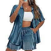 TIYOMI Plus Size Two Piece Sets for Women Pleated Outfits Soft Pajamas Button Down Suits Textured Top & Wide Leg Pants XL-5XL