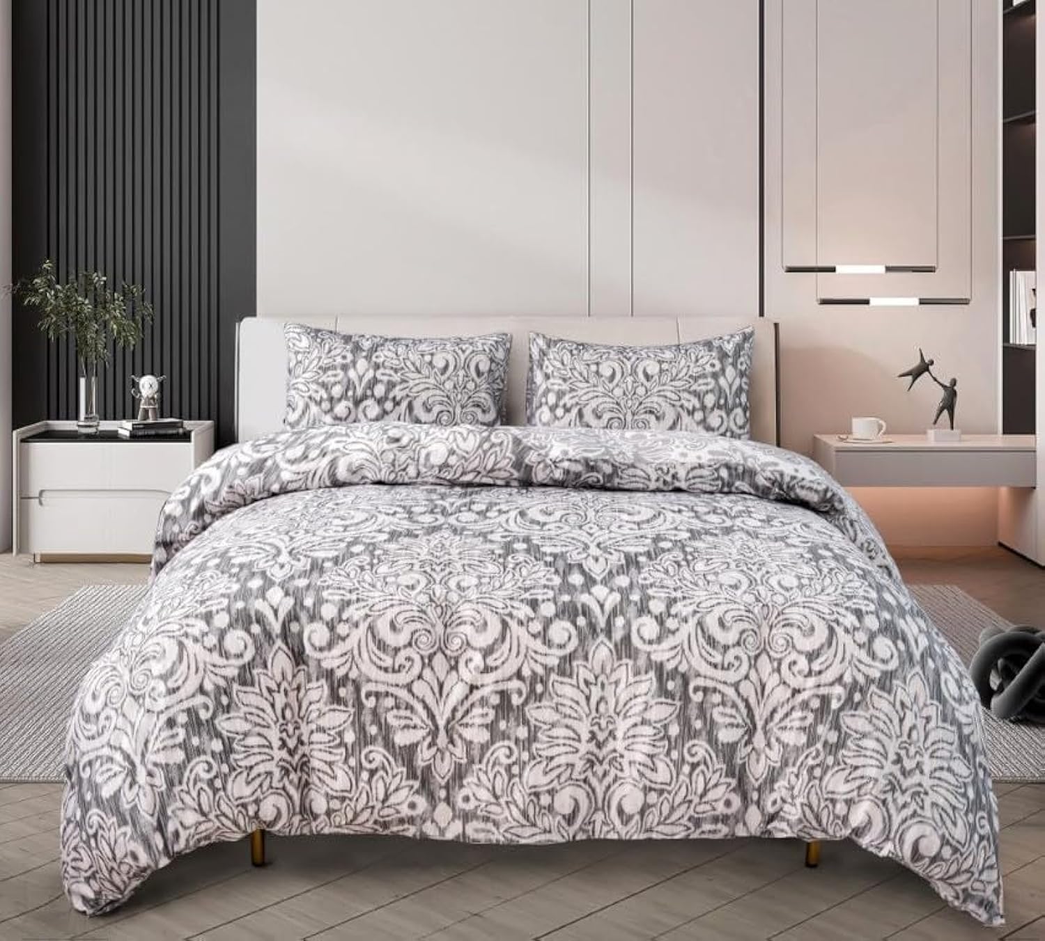 PRIME LINENS Duvet Cover Set 4 Pcs Brushed Microfibre Quilt Cover Bedding Set With Pillow Cases and Extra Fitted Sheet Included (Royal Damask Grey, Double) — image 1