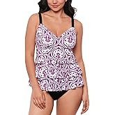 Swim Solutions Printed Tiered Fauxkini One-Piece Swimsuit, Magenta Floral Pattern, Black Straps, Size 14