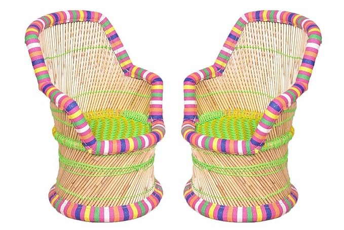 GUNEE Cane Bar Stool Mudda Handicraft Chair for Indoor/Outdoor Furnishings - 2 PC(Multicolor)