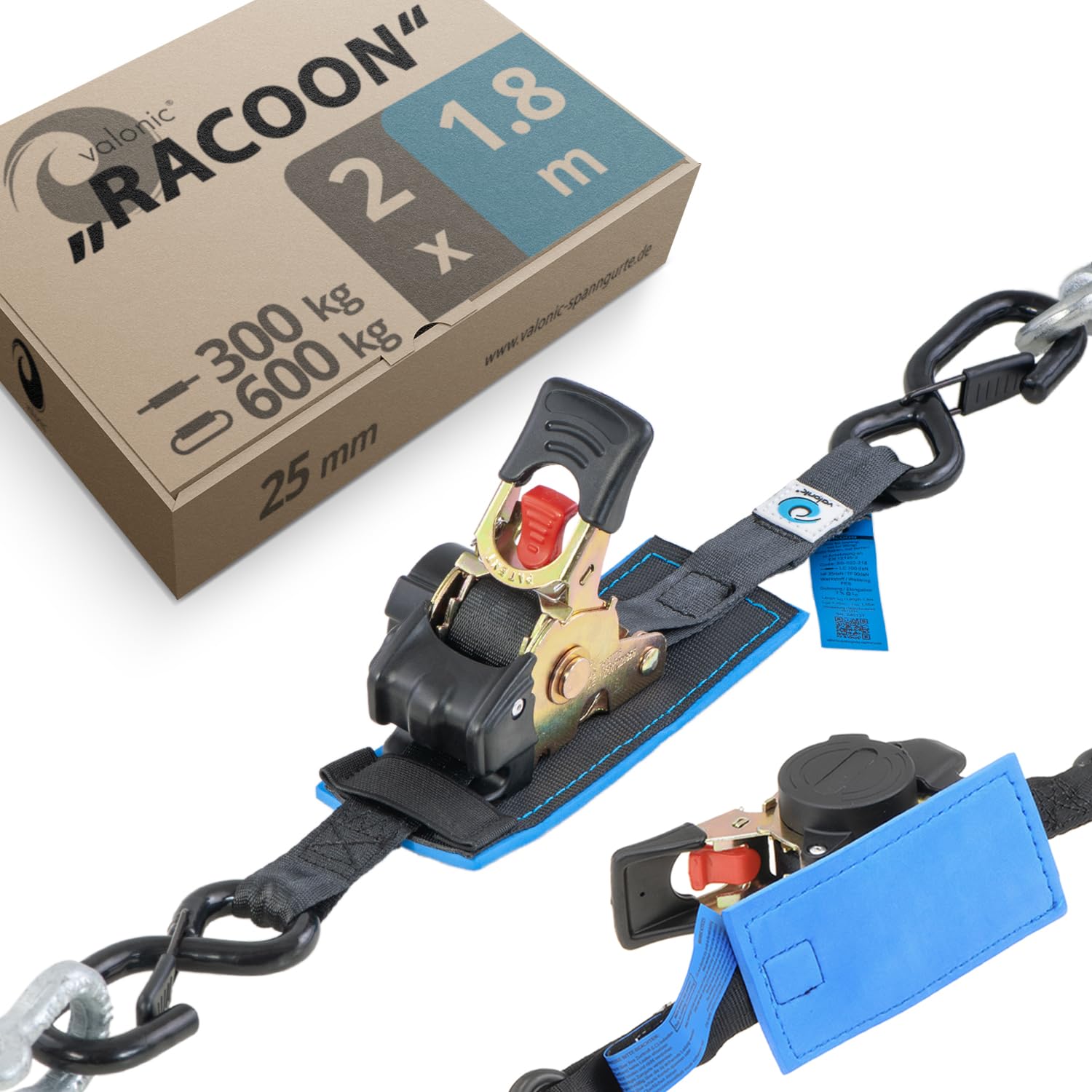 valonic RACOON - 2x 1.8m retractable ratchet straps with hook, 25mm, 300/600 Kg, protection pad - black tie down straps for motorcycle, motorbike