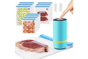 CNAIYUNPIN Sous Vide Bag & Handheld Vacuum Sealer, Portable Mini Sealer With 10 PCS Reusable Food Storage Zipper Bags for Anova, Joule Cookers, Rechargeable Small Electric Pump Set