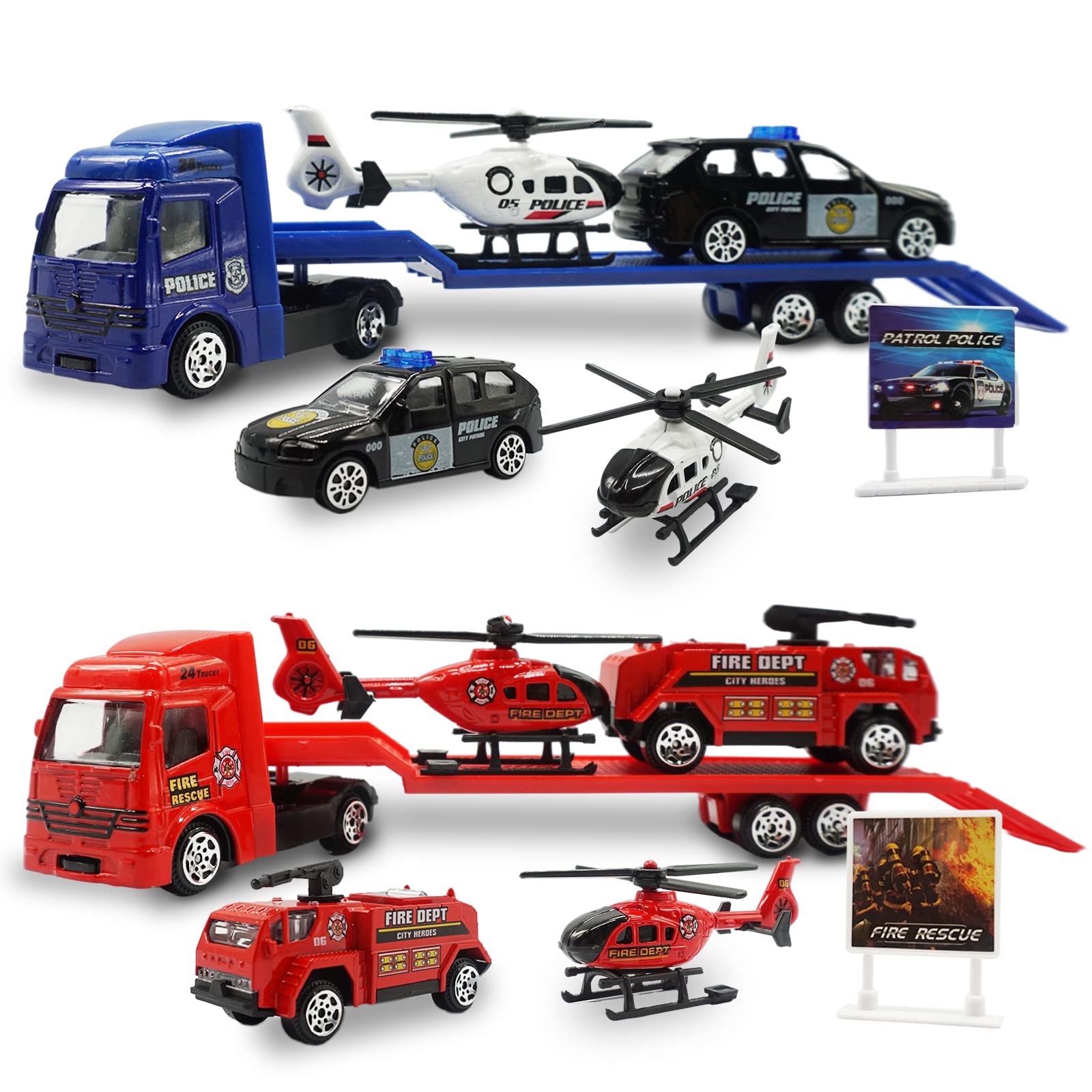 OTONOPI Fire Engine Police Car Emergency Toy Trailer Including Fire Engine Police Car and Helicopter Die-cast Rescue Vehicles Semi Carrier Truck Gift for Kids