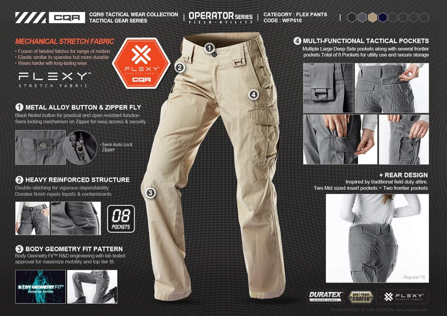 CQR Women's Flex Stretch Tactical Pants, Water Repellent Ripstop Work Pants, Elastic Waist Straight/Cargo Pants with Pockets : Clothing