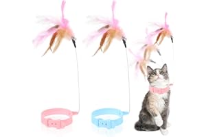 LLOUSSAK 2Pcs Cat Collar Toy - Adjustable Feather Neck Collar With Silicone, Teasing Wand, Funny Stick, Interactive Self Playing Bell Toys for Indoor Cats and Small Animals (Blue, Pink)