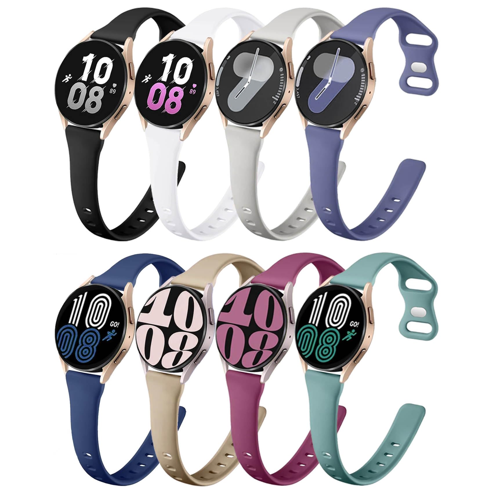 8 Pack Slim Band Compatible with Samsung Galaxy Watch 7 6 5 4 40mm 44mm, Galaxy Watch FE, Galaxy Watch 6 4 Classic, Galaxy Watch 5 Pro, Active 2 40mm 44mm, 20mm Soft Silicone Straps for Men Women