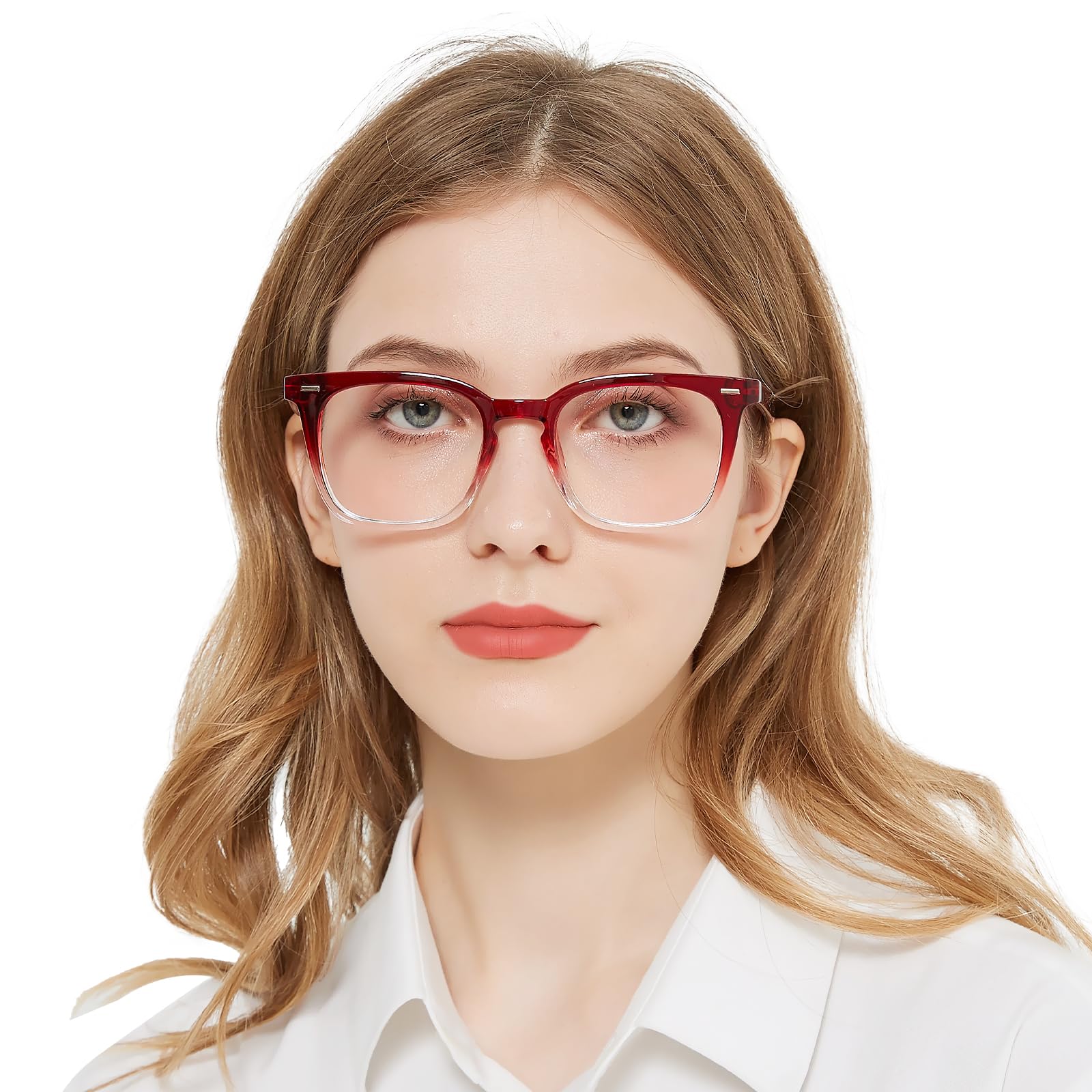 OCCI CHIARI Reading Glasses 1.5 for Women Fashion Readers Glasses Women's Rivet Decorated Reading Glasses Ladies' Big Rectangle Glasses Spring Hinge (Red-Transparent, 150)