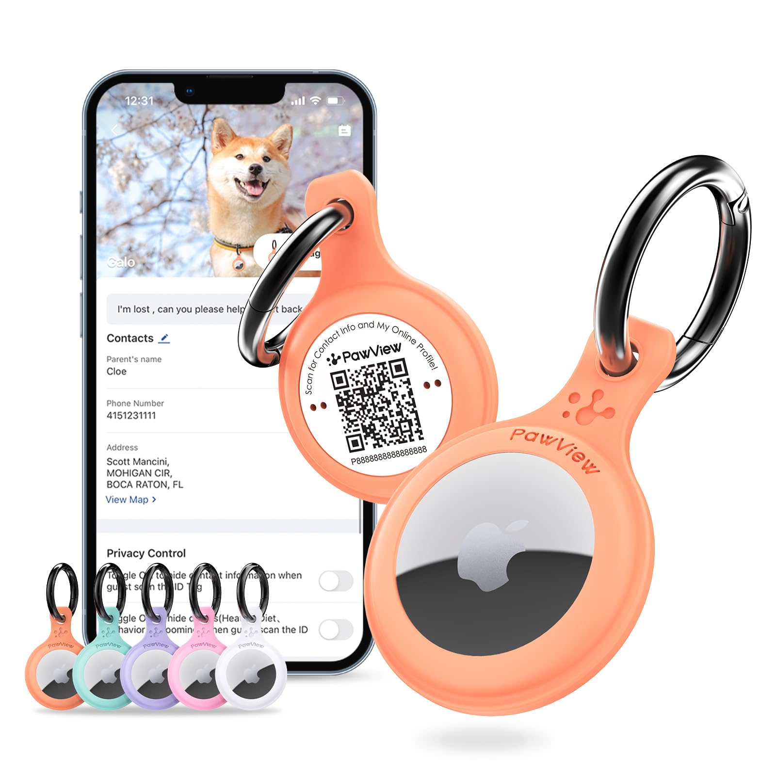 AirTag Holder & Collar for Pets. GPS Tag & App with Smart QR ID for Instant Location, Pet Profile and Contact Info. Dog Tracker or Cat Tracker (Orange)