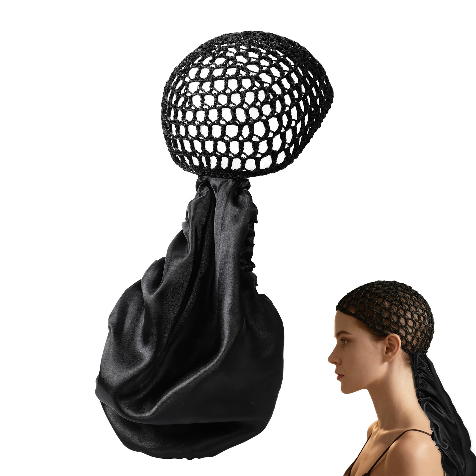 Photo 1 of 2 In1 Wrap Cap Bonnet Reversible,Adjustable Hair Wrap Cap Nettie Band Net, Double Layered Long Hair Silk Press Set Braid Bonnet for Curly Black