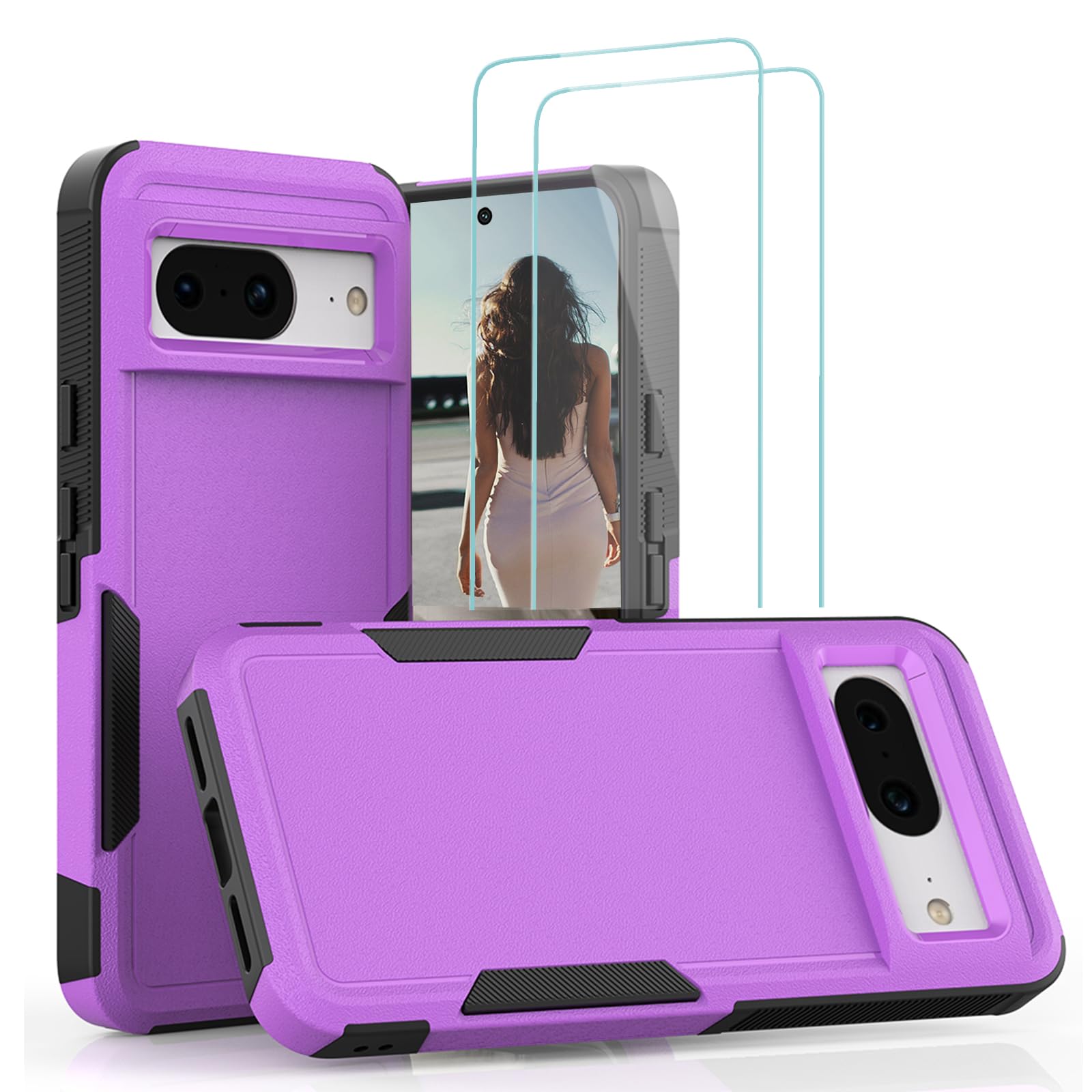 Jeylly for Google Pixel 8 Case with 2 Screen Protector, Pixel 8 Phone Case for Women Girls, Heavy Duty Dual Layer Protection Shockproof Full Body Protective Cover Case for Google Pixel 8, Purple