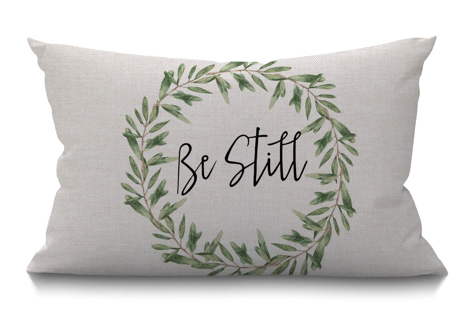 BGBDEIA Rustic Be Still Cushion Cover Farmhouse Green Olive Wreath leaves Decorations Pillow Cover Case for Sofa Couch Cotton Linen 30 x 50 cm 12x20 Inches