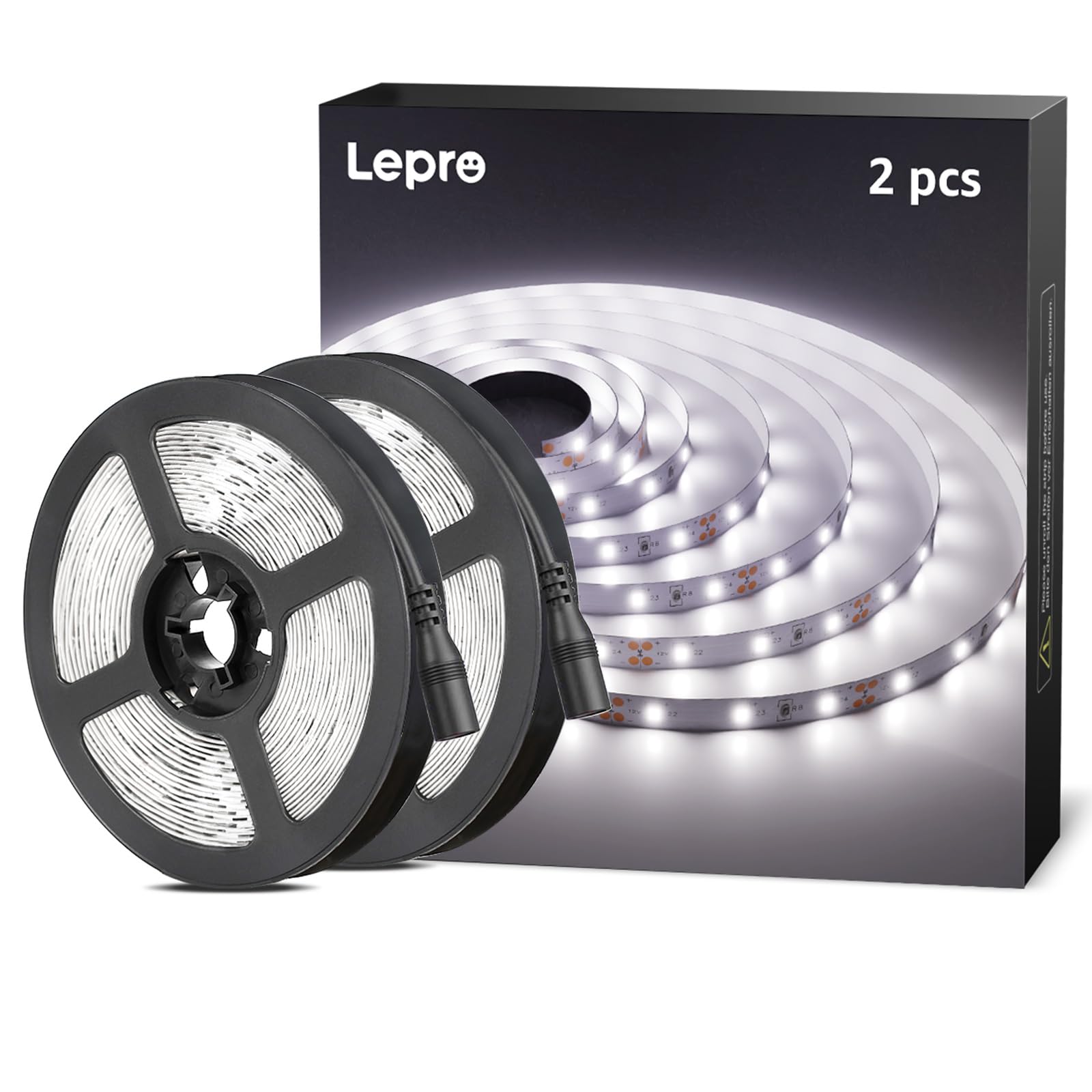 Lepro White LED Strip Light 5M (No Plug, Striplight Only), 300 LEDs, 2300lm, 6000K, Stick on LED Lights for Kitchen Cabinet Cupboard, Mirror and DIY (DC 12V Power Supply Required), 2 Packs