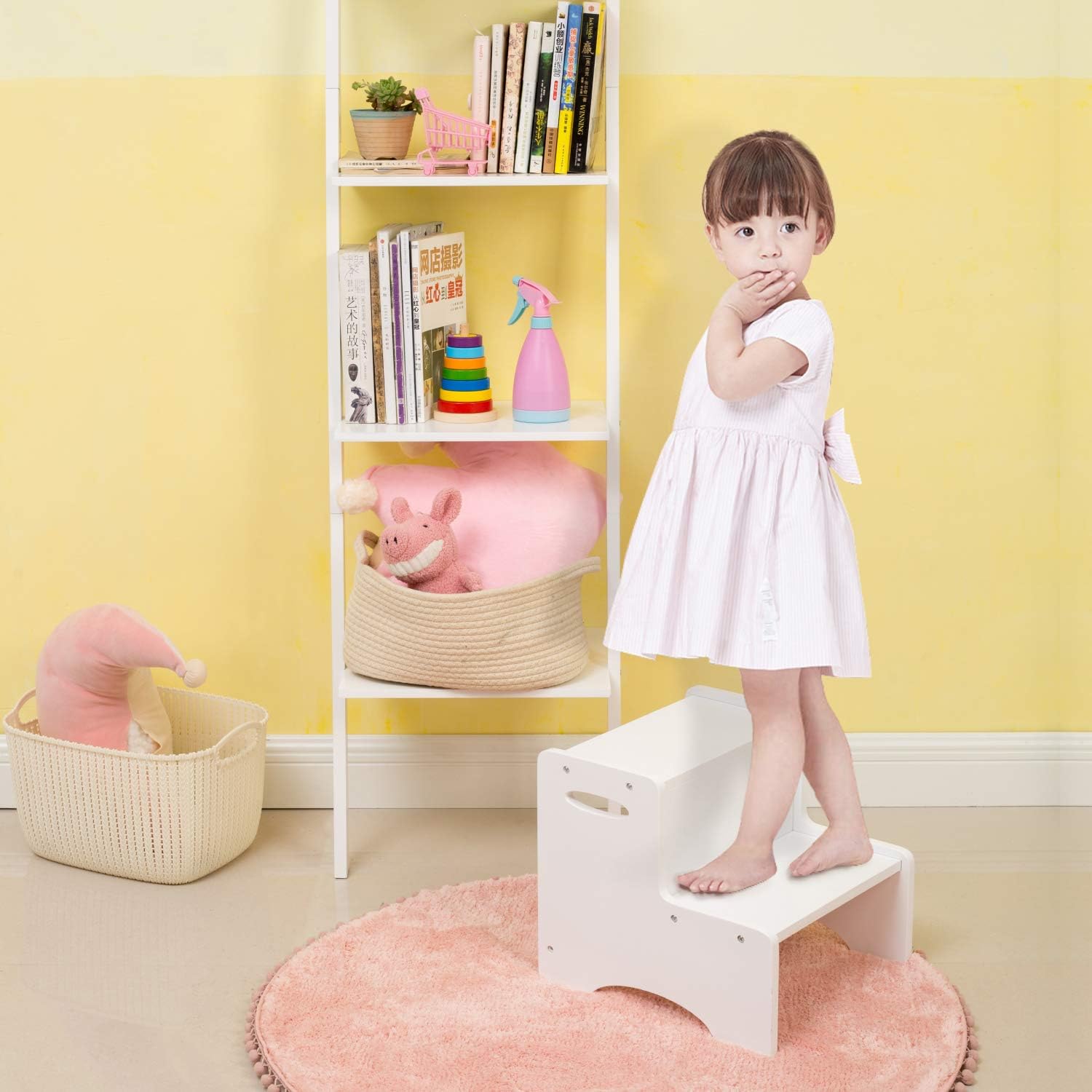 WOOD CITY Wooden Toddler Step Stool for Kids, White Two Step Children's Stool with Handles, Bonus Non-Slip Pads for Safety, Bathroom Potty Stool & Kitchen Step Stools Dual Height: Furniture & Decor