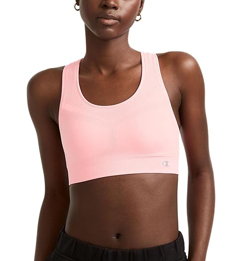 Champion Women's The Infinity Racerback Sports Bra, Moderate Support, Seamless, Moisture Wicking, Pink Bow, X-Small