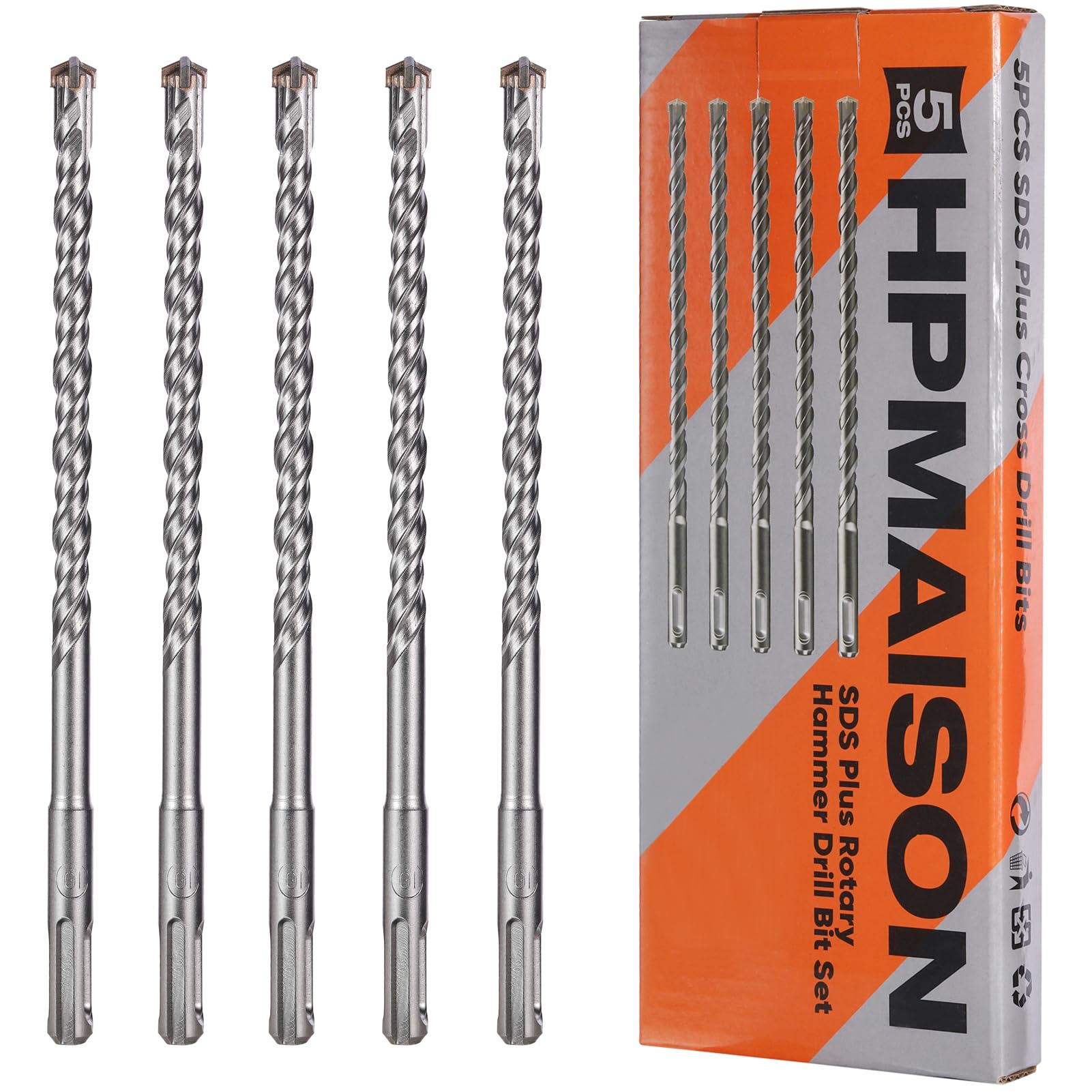 HPMAISON SDS Plus Rotary Hammer Drill Bit Set 10mm x 210mm, 5PCS Cross Drill Bits Hammer Impact Drill Bit 4-Cutter Carbide Tips for Drilling Stone, Concrete, Brick Wall, Cement, Masonry