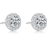 14K White Yellow Gold Plated Stud Earrings for Men Women, Hypoallergenic Princess Round Cut 0.6CT-2.8CT Cubic Zirconia Square Round Halo Stud Earring, Iced Out CZ Studs Jewelry for Men, 9.5-11MM