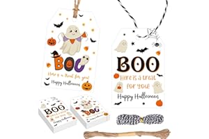 AUGTHEEP 100 Pcs Halloween Tag Decoration Ghost Tag With String - Trick or Treat Happy Boo Day for Party Gift Wrapping Candy Bag Decoration