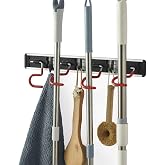 MOYODOR Wall Mounted Mop and Broom Holder Stainless Steel S Type Broom Rack Anti-Slip Mop Organizer (17 Inches,4 Positions 3 Hooks, Red black)
