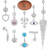 ZELORES 9Pcs 14G Belly Button Rings for Women Surgical Stainless Steel Belly Rings Cute Navel Rings Butterfly Evil Eye Heart Tassel Dangle Belly Button Ring Set Silver Belly Button Piercing Jewelry