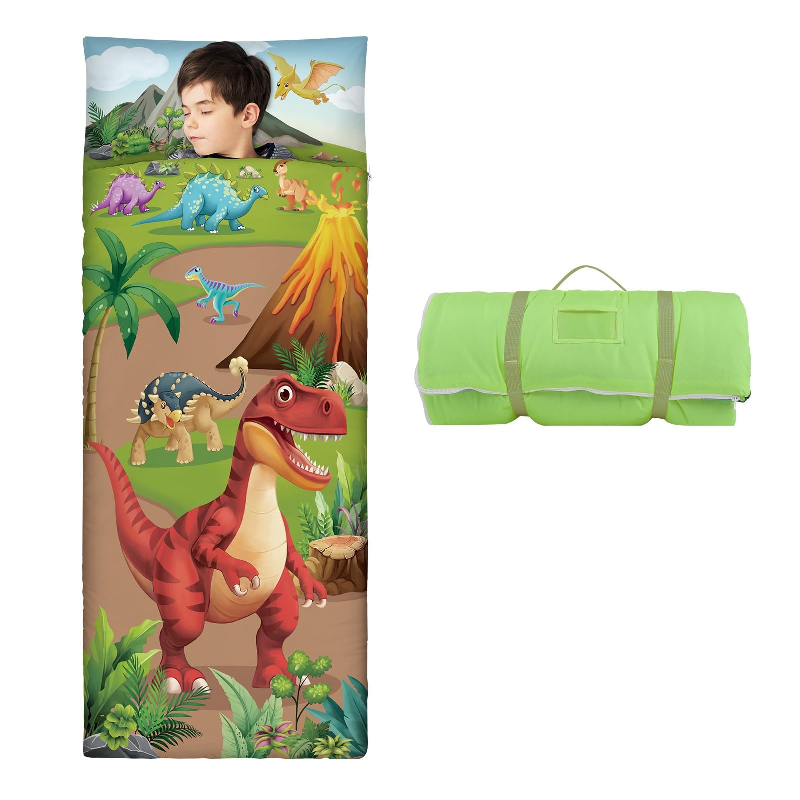 Dinosaur Volcano Sleeping Bag for Boys,Nap Mat for Kids with Removable Pillow,Warm Toddler Slumber Bag for Bedroom Daycare,Gift for Birthday Christmas — image 1