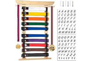 JuxYes Bamboo Karate Belt Display Rack for 10 Belts, Martial Arts Belt Display Holder with Medals Hanger, Taekwondo Belt Disp
