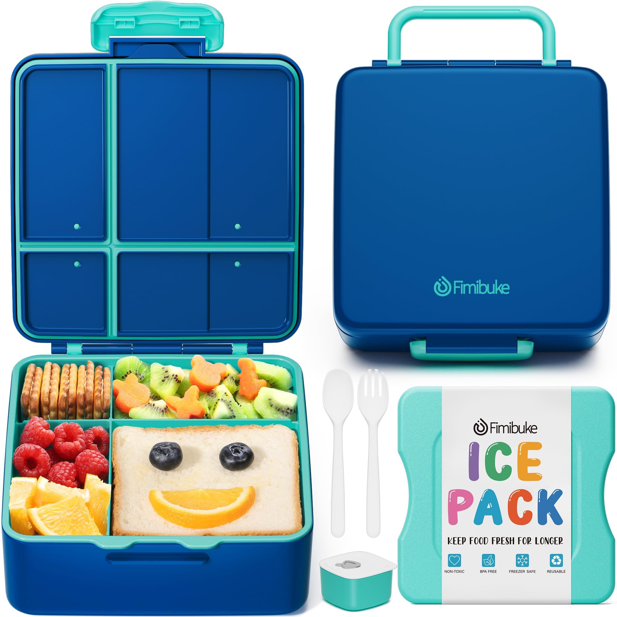 Photo 1 of Fimibuke Chill Bento Box for Kids Adult, Leak Proof Toddler Lunch Box with Ice Pack Keep Food Cold, BPA Free 4 Compartment Lunch Container with Utensils for Girl Boy School, Microwave Dishwasher Safe