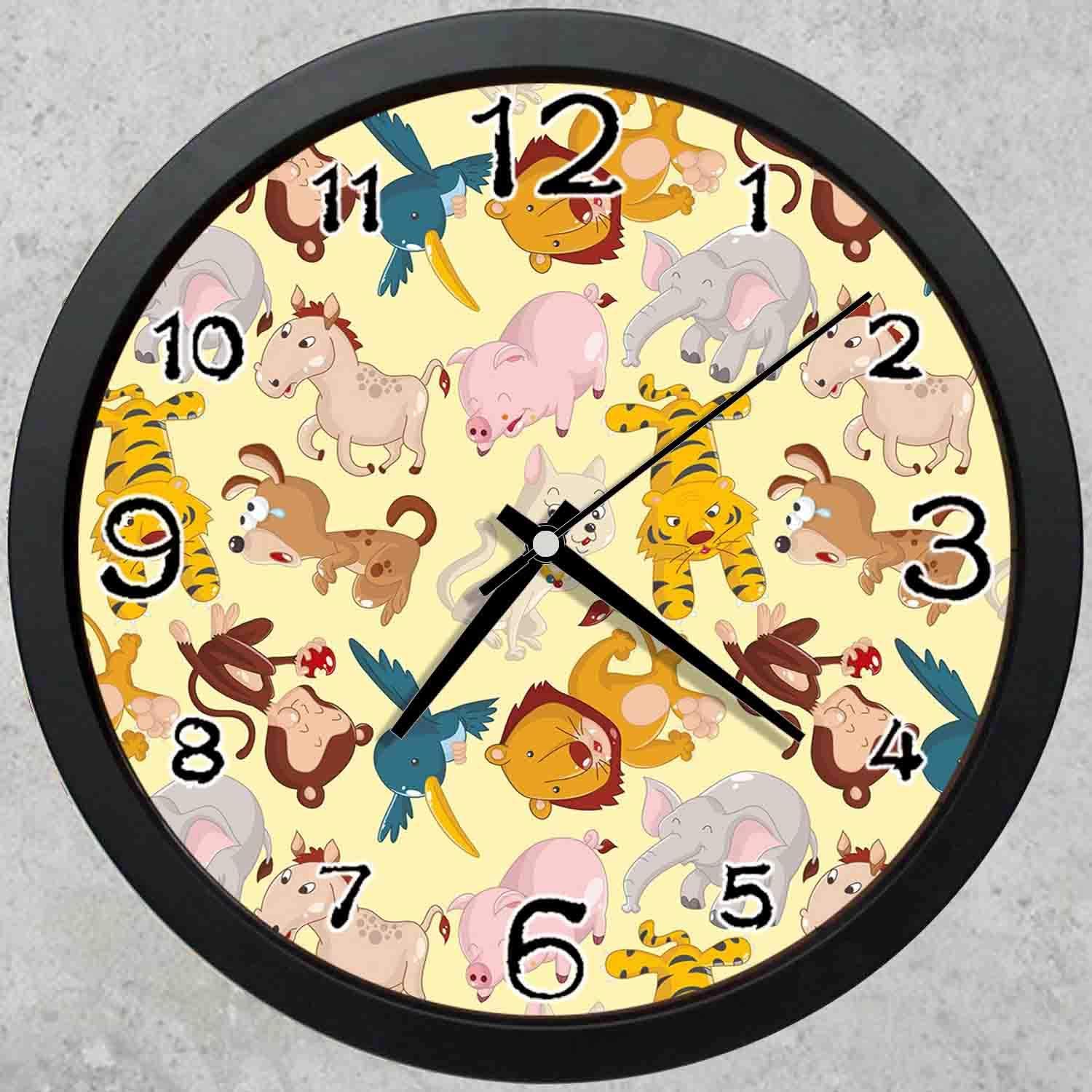 47BuyZHJX 10 Inch Round Decorative Wall Clock (Black),Backdrop Pattern -Cartoon Animals Jungle Themed Design Monkey Pig Tiger Elephant Lion Horse Sparrow