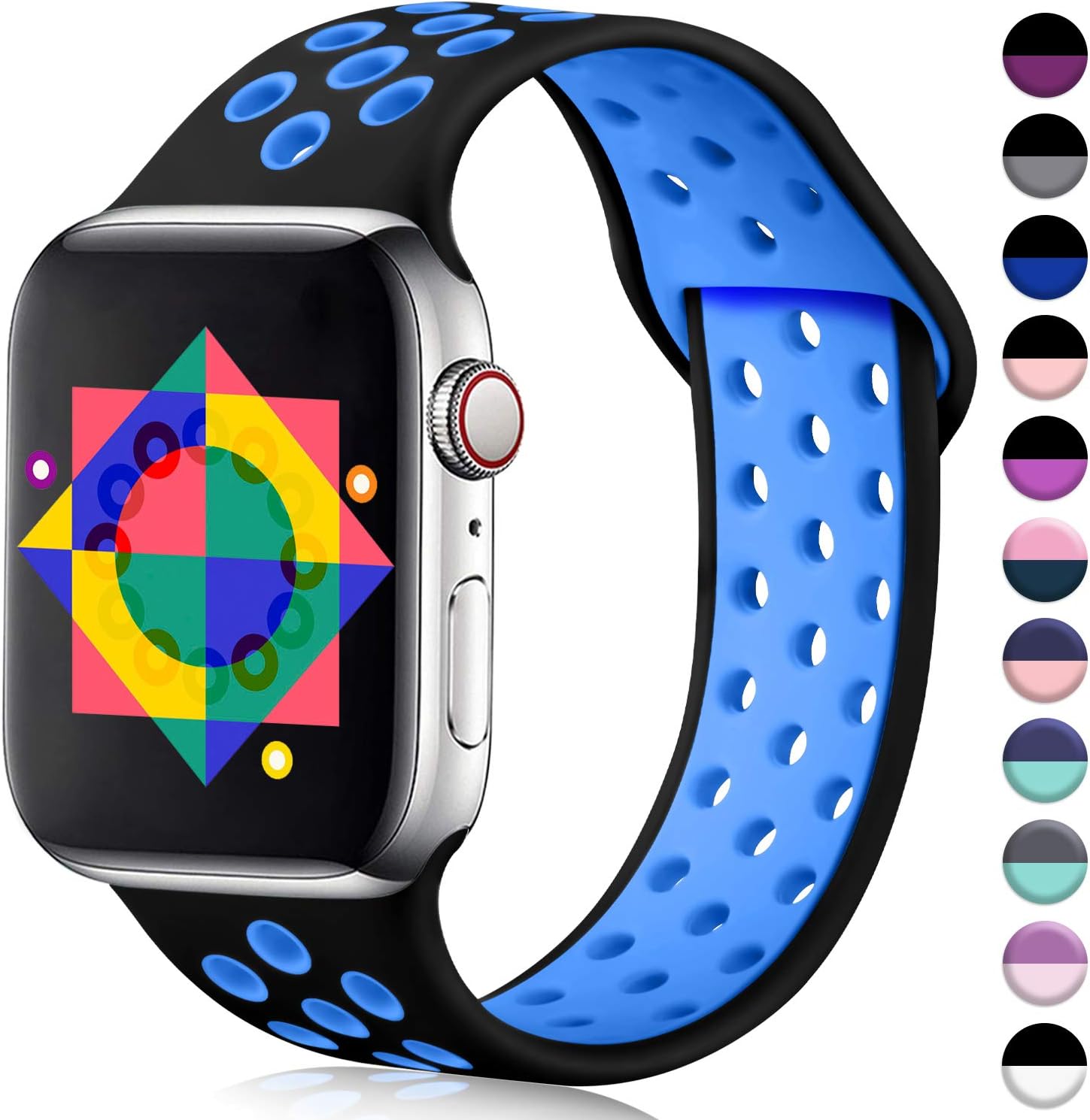 ilopee Waterproof Sport Band Compatible with Apple Watch Series 5 4 3 2 1, Fashionable Strap for iWatch 42mm 44mm, Black/Blue, S/M