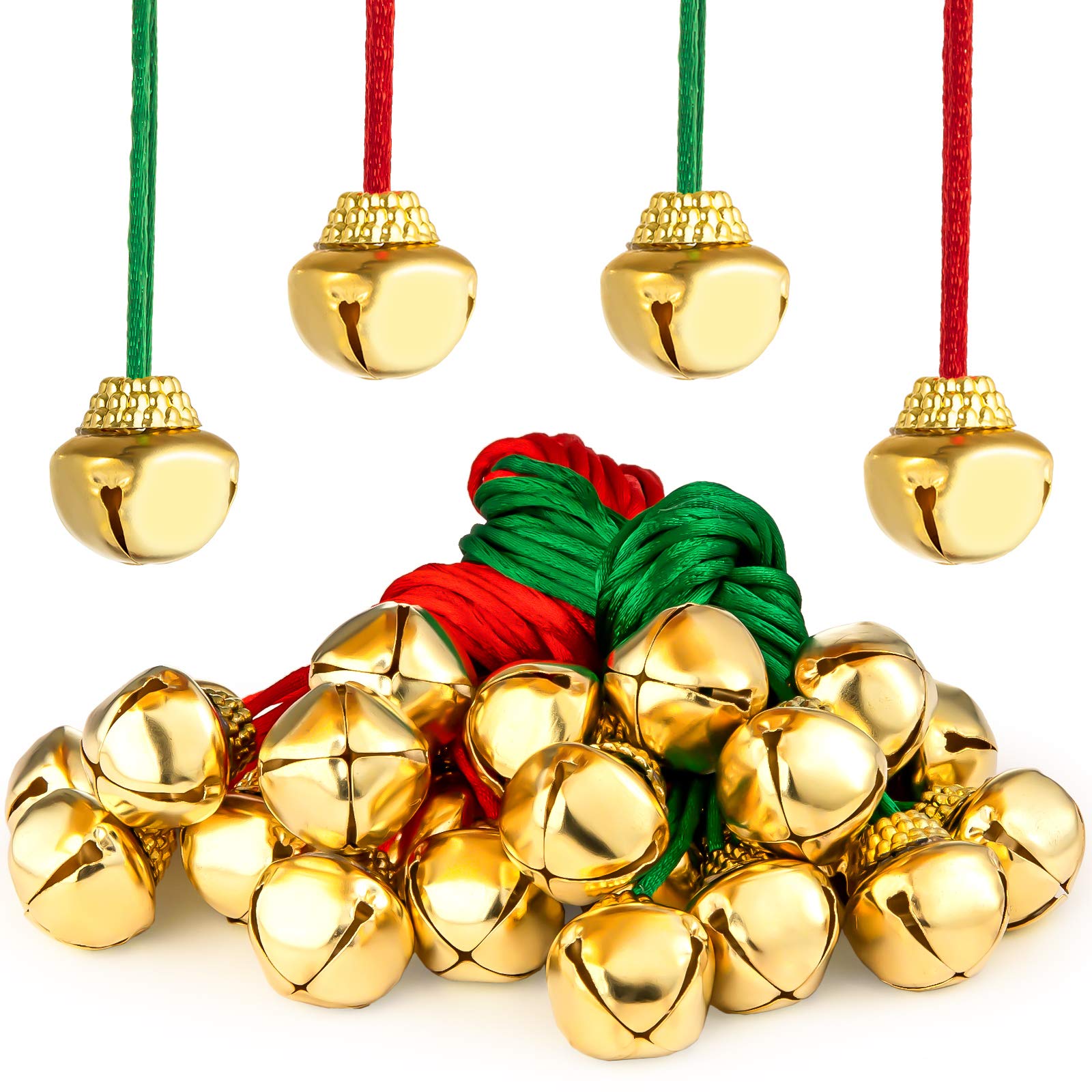 Whaline 24Pcs Gold Jingle Bell with Red Green Rope Hanging Christmas Bell Necklace Large Metal Jingle Bell Xmas Hanging Ornaments for Christmas Tree DIY Craft Holiday Party Decoration Supplies