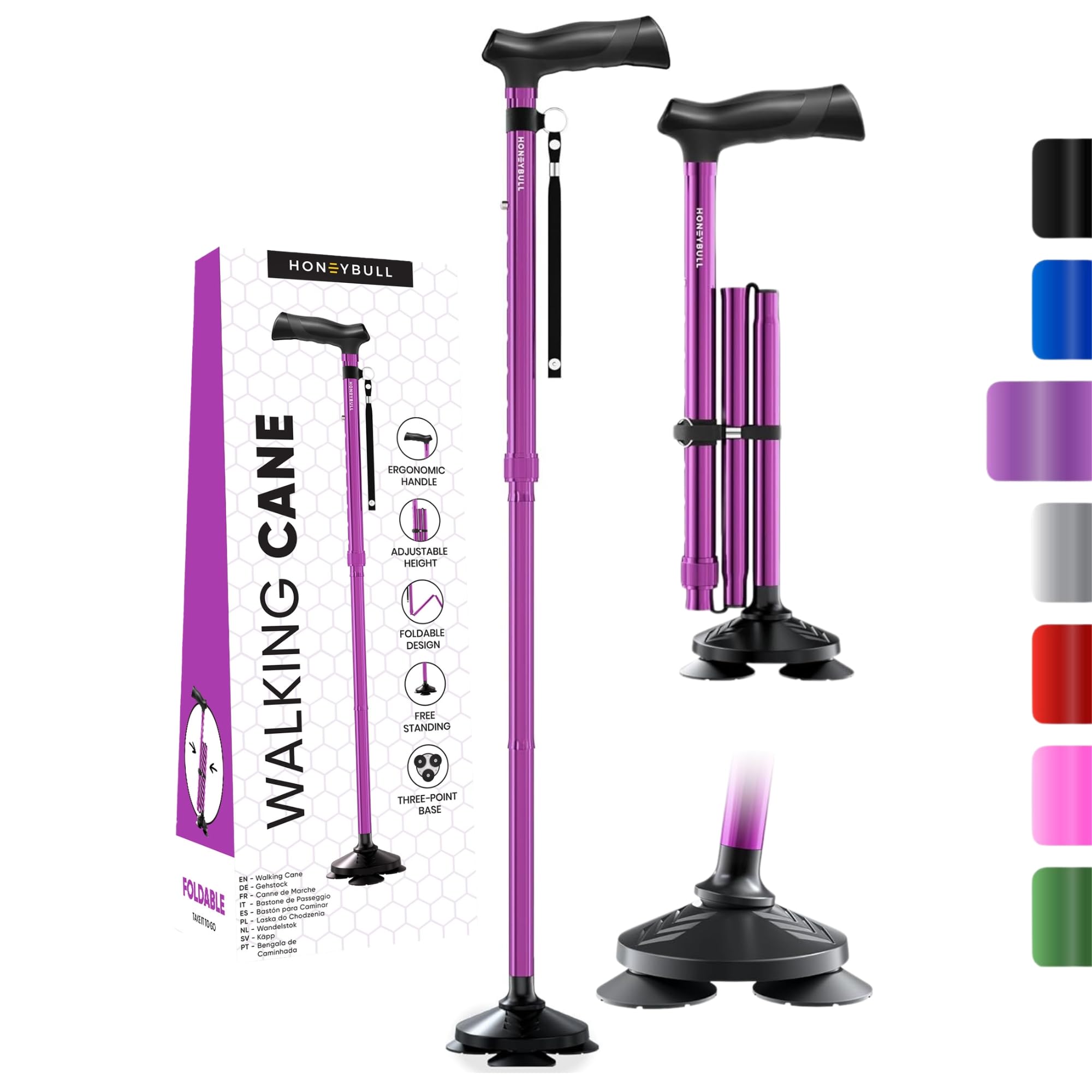 HONEYBULL Walking Cane for Men & Women - Foldable, Adjustable, Collapsible, Free Standing Cane, Pivot Tip, Heavy Duty | Walking Sticks, Folding Canes for Seniors & Adults (Purple)
