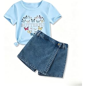 Voxikodex Girls Summer Clothes Butterfly Print Short Sleeve Tops and Denim Skirt Shorts Set Cute Outfits for Kids Girls 5-12Y