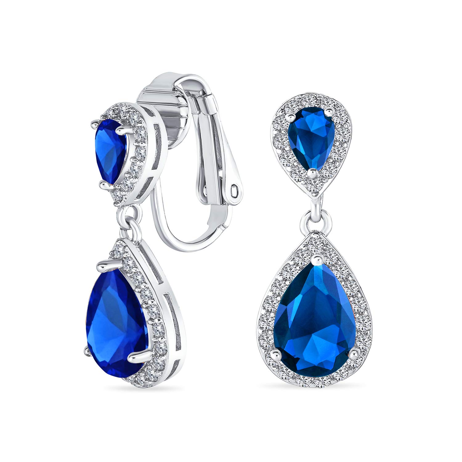 Blue Teardrop CZ Halo Prom Drop Statement Chandelier Clip On Earrings Simulated Sapphire Cubic Zirconia Silver Plated Brass — image 1