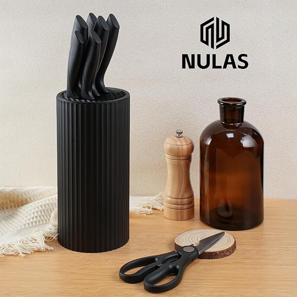 NULAS KNIFE SET, 8-PIECE KITCHEN KNIFE SET WITH UNIVERSAL BLOCK – ANTI-RUST CHEF KNIVES, ERGONOMIC DESIGN, DISHWASHER SAFE (BLACK)