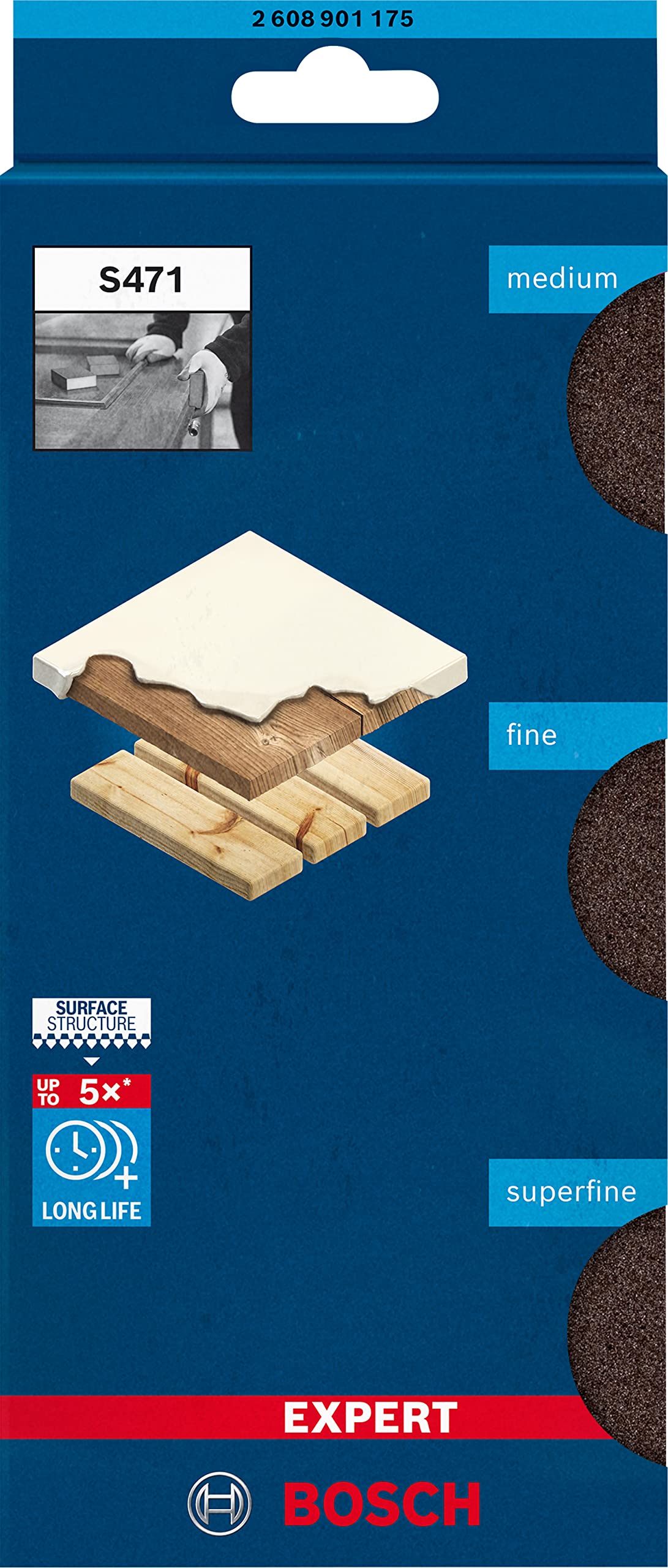 Bosch 3X EXPERT S471 Standard Schleifschwämme (für Farbe auf Holz, Weichholz, Ø 69 x 97 x 26 mm, Mittel/Fein/Superfein, Professional Zubehör Handschleifen) 2