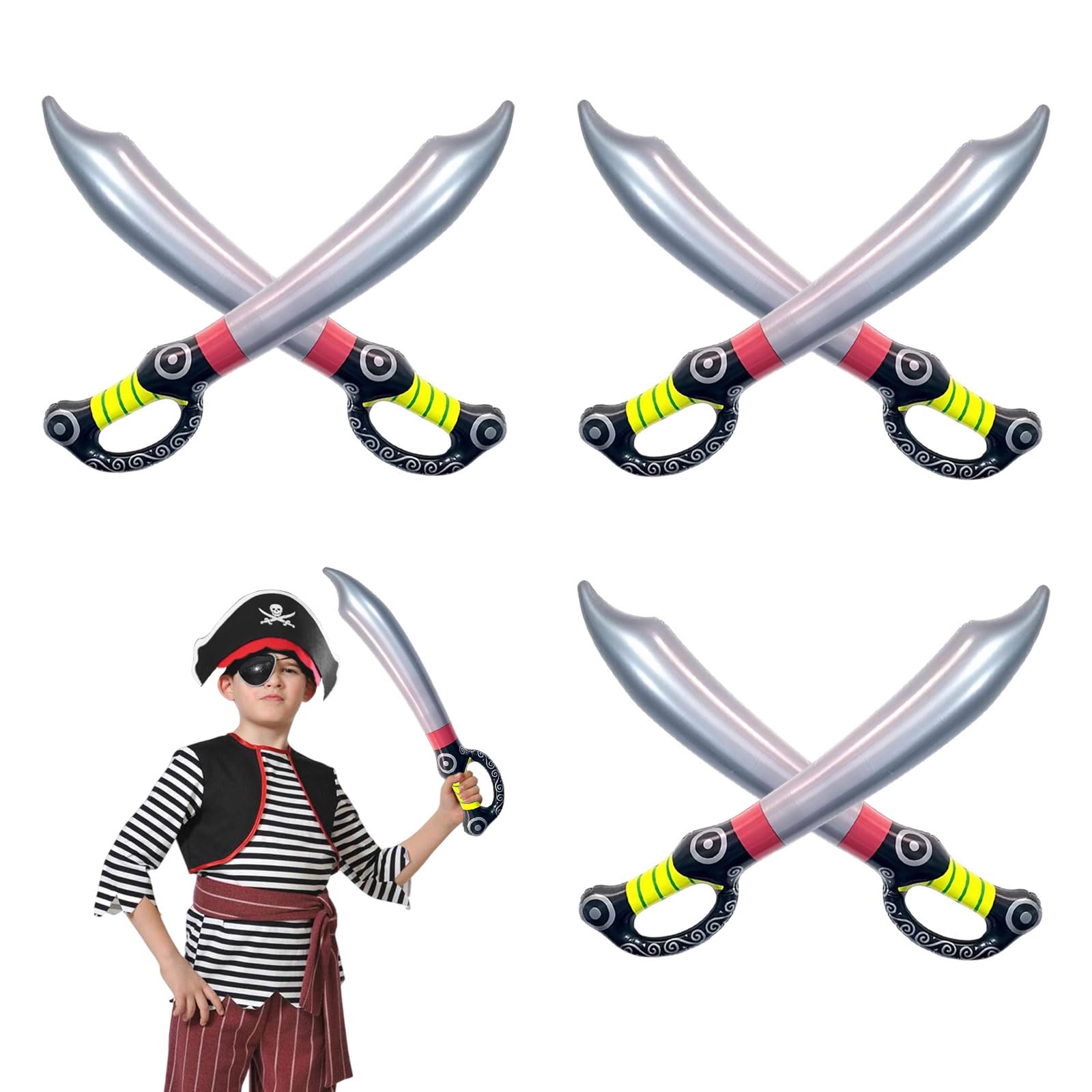 SAIIURV 6 Pack Foam Swords for Kids Adults, 70cm Fake Cutlass Blow up Pirate Sword Inflatable Toy Stage Photo Props Pirate Costume Accessories for Fancy Dress Party Cosplay (Multicolor)