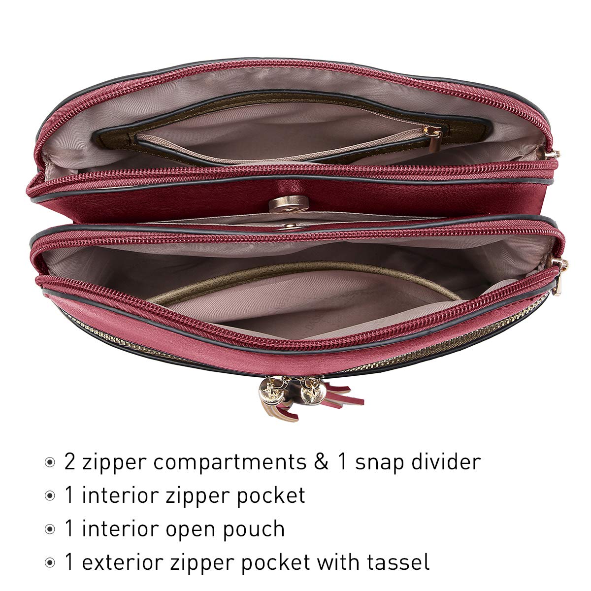 Functional Multi Pockets Lightweight Medium Crossbody Bags Purses for Women Double Zipper Shoulder Messenger Bag with Tassel (Burgundy/Soil)