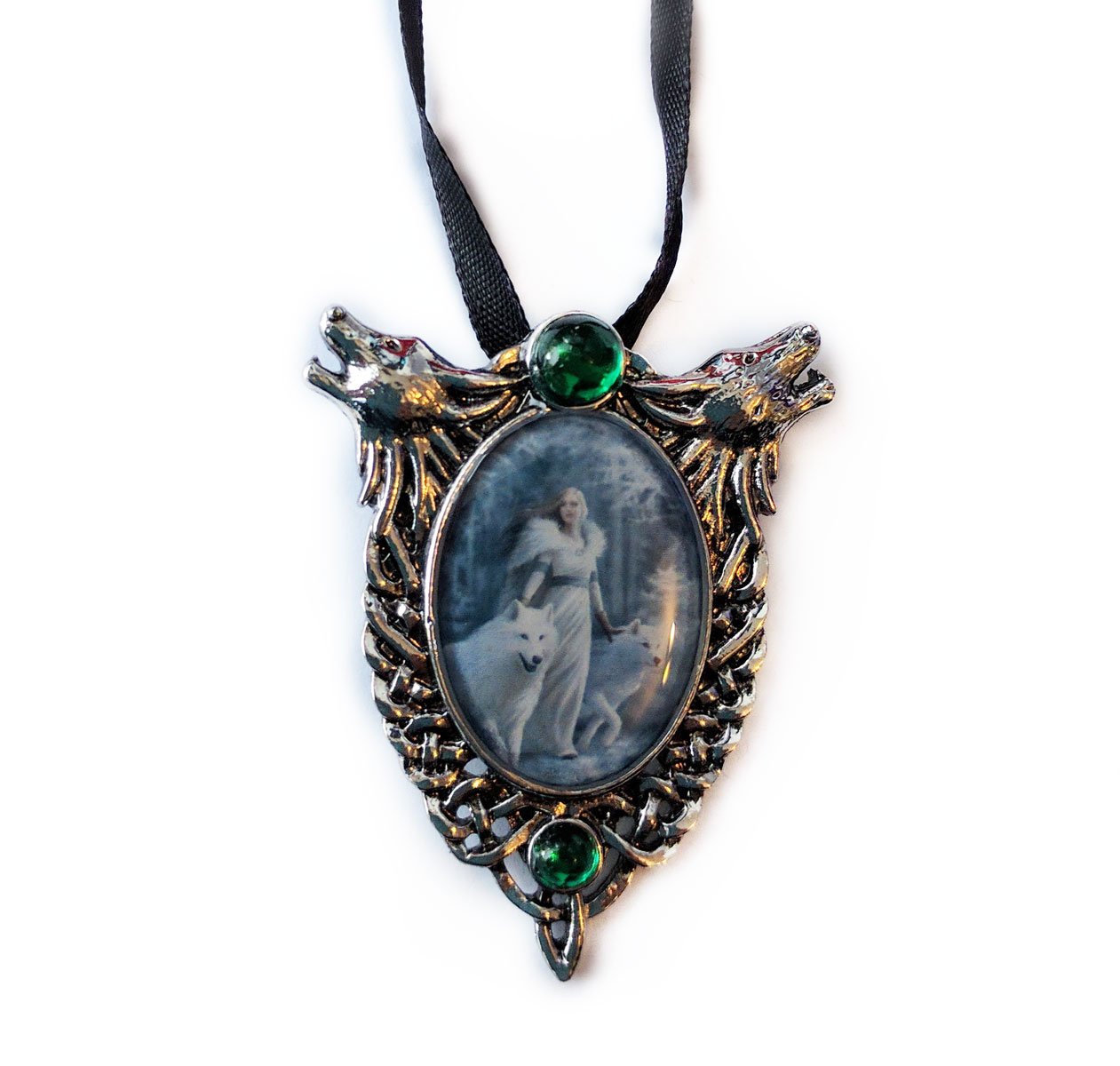 Winter Guardians - Wolf Cameo Oval Cabochon Style Pendant Necklace in Two Howling Wolves and Celtic Knotwork with Two Manmade Crystals, Ribboned - Artwork by Anne Stokes