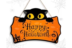 PIGORT Happy Halloween Sign Front Door Cute Cat Halloween Front Door Decorations Halloween Door Sign Cute Cat Wall Decor Wall Sign Plaque for Halloween Party （Happy Halloween-Cat)