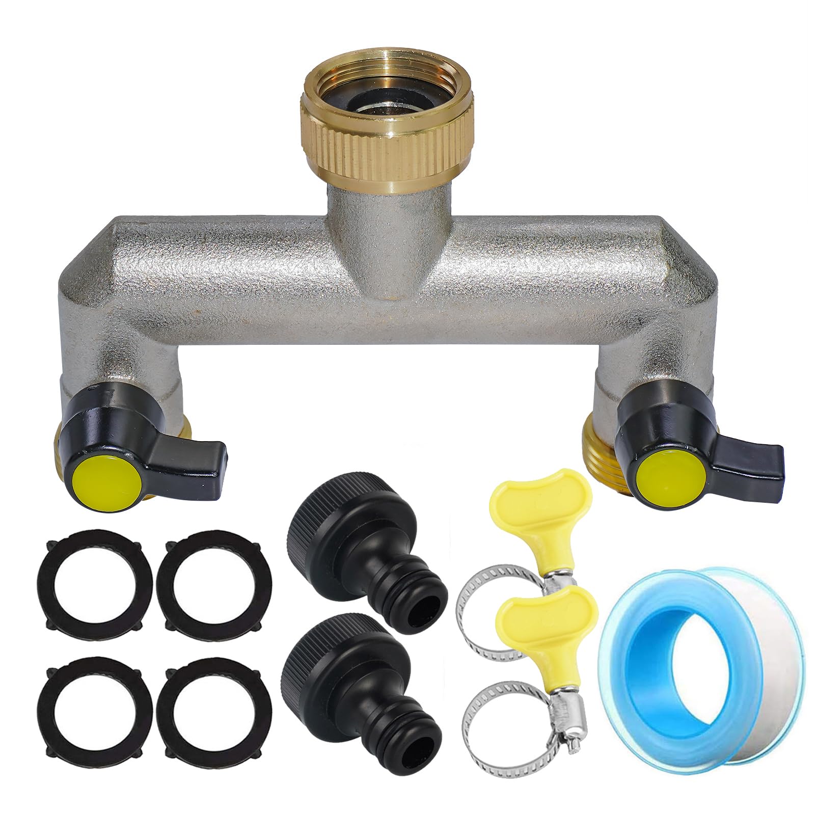 RoseFlower Garden Hose Splitter Y Way Heavy Duty, Solid Brass Outdoor Faucet Splitter Hose Connector Water Taps Distributor Hose Adapter with Individual On-Off Valve, 4 Rubber Washer, 1 Leakproof Tape
